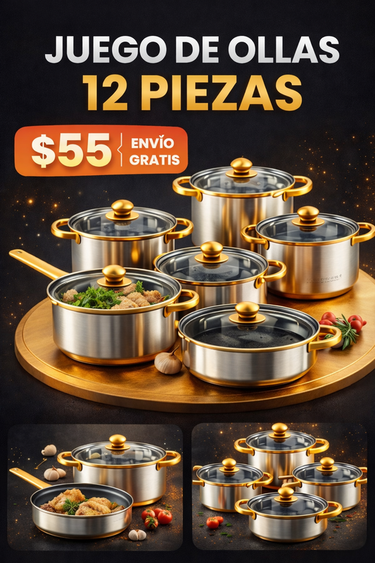 COOKWARE-JUEGO DE OLLAS Y SARTENES ANTIDHERENTES DE ACERO INOXIDABLES 12 PIEZAS